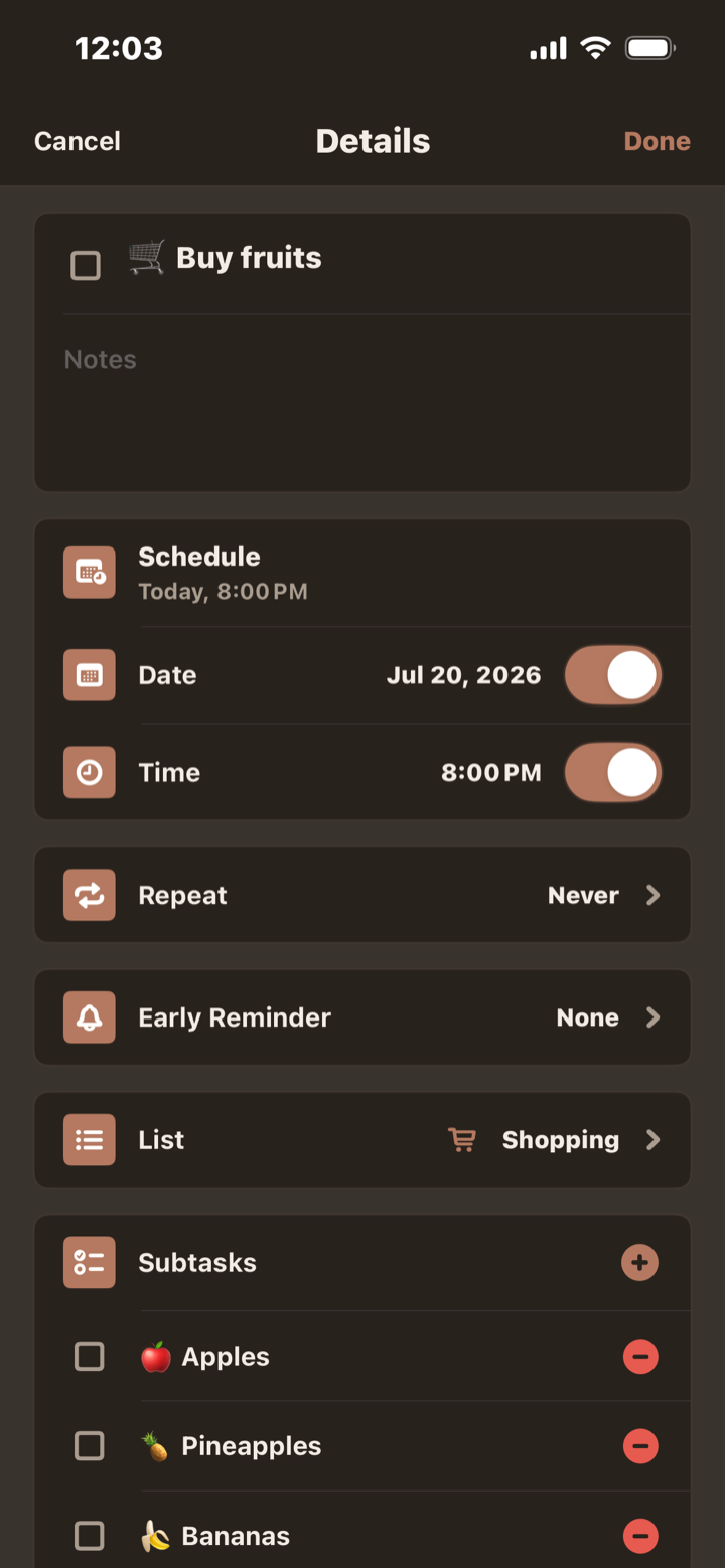 AI fills in the date, time, list, and subtasks.